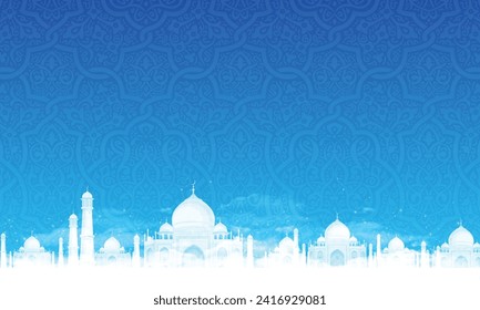 Illustration zum Thema Ramadan. Moscheen auf blauem Himmel mit Sternen und transparenten Wolken. Hohe detaillierte realistische Illustration.