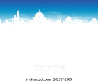 Illustration on the theme of Ramadan. Mosques on a background of blue sky with stars and transparent clouds. 3D vector. High detailed realistic illustration.