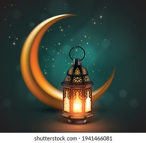 Illustration on the theme of Ramadan. An oriental carved lamp stands against the background of the golden moon and the starry sky. 3D vector. High detailed realistic illustration.