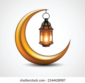 Illustration on the theme of Ramadan. An oriental lamp hangs on a golden moon. 3D vector. High detailed realistic illustration.