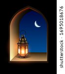 Illustration on the theme of Ramadan. Through the arched window you can see the night sky. On the windowsill is an oriental lamp. 3D vector. High detailed realistic illustration.