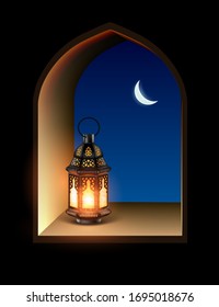 Illustration on the theme of Ramadan. Through the arched window you can see the night sky. On the windowsill is an oriental lamp. 3D vector. High detailed realistic illustration.