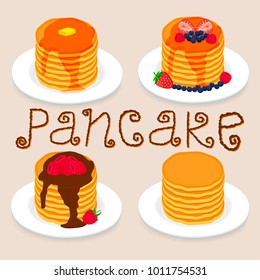 Illustration on theme for raspberry pancake stack. Pancake stack pattern consisting of home heap homemade hot cakes on plate, crepe raspberry food. Eat tasty pancake stack with red raspberry berries.