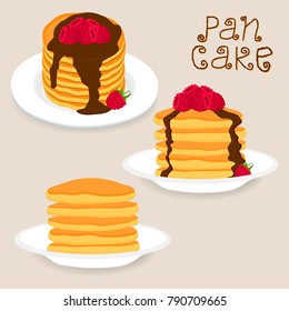 Illustration on theme for raspberry pancake stack. Pancake stack pattern consisting of home heap homemade hot cakes on plate, crepe raspberry food. Eat tasty pancake stack with red raspberry berries.