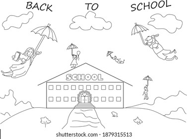 
illustration on the theme of return to school. depicts a school in the distance. children come down to her from all sides