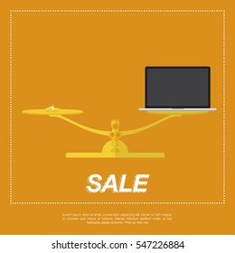 Illustration On The Theme Of Sales. Golden Libra With A Computer And Money. 
Flat Vector Illustration EPS10