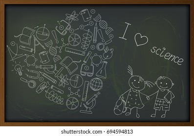 Illustration on the theme of school and science, the contour of icons on the topic of the exact Sciences in the shape of a heart on the blackboard ,  boy  and girl pupils, and the words I love science