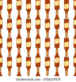 Illustration on theme seamless beer glass bottles with lid for brewery. Pattern beer consisting of many identical glass bottles on white background. Glass bottles it main accessory for beer gourmet.