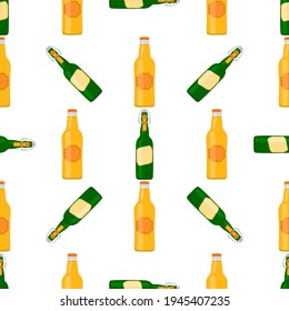 Illustration on theme seamless beer glass bottles with lid for brewery. Pattern beer consisting of many identical glass bottles on white background. Glass bottles it main accessory for beer gourmet.