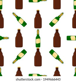 Illustration on theme seamless beer glass bottles with lid for brewery. Pattern beer consisting of many identical glass bottles on white background. Glass bottles it main accessory for beer gourmet.