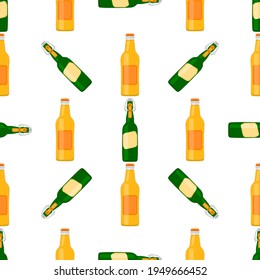 Illustration on theme seamless beer glass bottles with lid for brewery. Pattern beer consisting of many identical glass bottles on white background. Glass bottles it main accessory for beer gourmet.