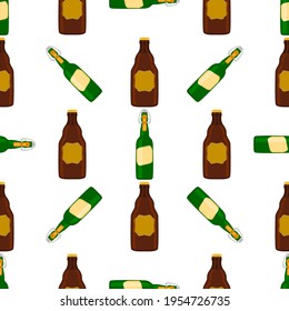 Illustration on theme seamless beer glass bottles with lid for brewery. Pattern beer consisting of many identical glass bottles on white background. Glass bottles it main accessory for beer gourmet.