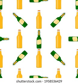 Illustration on theme seamless beer glass bottles with lid for brewery. Pattern beer consisting of many identical glass bottles on white background. Glass bottles it main accessory for beer gourmet.