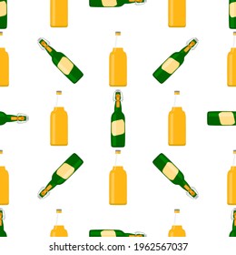 Illustration on theme seamless beer glass bottles with lid for brewery. Pattern beer consisting of many identical glass bottles on white background. Glass bottles it main accessory for beer gourmet.