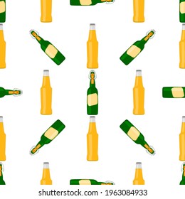 Illustration on theme seamless beer glass bottles with lid for brewery. Pattern beer consisting of many identical glass bottles on white background. Glass bottles it main accessory for beer gourmet.