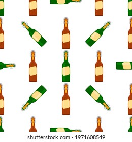 Illustration on theme seamless beer glass bottles with lid for brewery. Pattern beer consisting of many identical glass bottles on white background. Glass bottles it main accessory for beer gourmet.