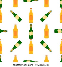 Illustration on theme seamless beer glass bottles with lid for brewery. Pattern beer consisting of many identical glass bottles on white background. Glass bottles it main accessory for beer gourmet.