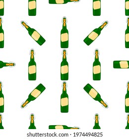 Illustration on theme seamless beer glass bottles with lid for brewery. Pattern beer consisting of many identical glass bottles on white background. Glass bottles it main accessory for beer gourmet.