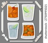 Illustration on theme of set bright alcohol cocktails for celebration party, full glass cup with tasty alcohol cocktails with different fruit ingredients, beautiful alcohol cocktails for big holidays