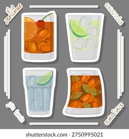 Illustration on theme of set bright alcohol cocktails for celebration party, full glass cup with tasty alcohol cocktails with different fruit ingredients, beautiful alcohol cocktails for big holidays