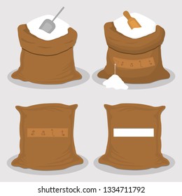 Illustration on theme set different types sacks filled powder salt, bags various sizes. Sack pattern consisting of collection bags powder salt for organic feed. Full sack powder salt, storage in bag.