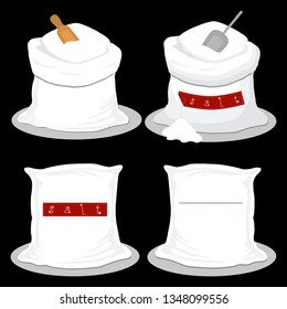 Illustration on theme set different types sacks filled powder salt, bags various sizes. Sack pattern consisting of collection bags powder salt for organic feed. Full sack powder salt, storage in bag.
