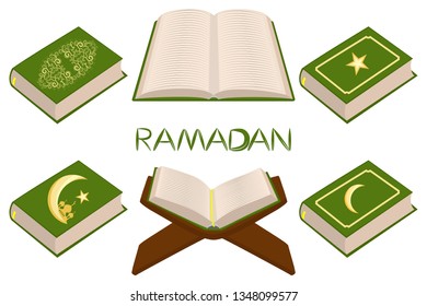 Illustration on theme set different types books, prayer to celebration holiday Ramadan. Book pattern consisting of religious prayer collection Ramadan. Prayer book is accessory for happy day Ramadan.