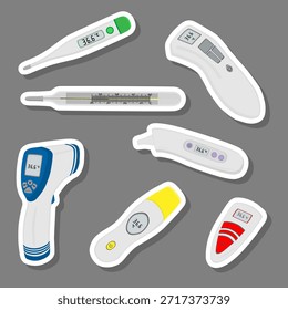 Ilustración sobre el tema establecido diferentes tipos de termómetros para la prevención del coronavirus, termómetro que consiste en un accesorio médico con prevención del coronavirus, el termómetro es la principal prevención del coronavirus