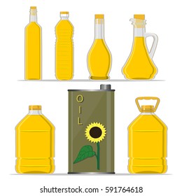 Illustration on theme set different shape jar with cap from liquid sunflower oil. Jar consisting of collectible natural sunflower, accessory for natural oil. Drink sunflower oil of original eco jar.