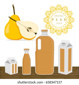 Illustration on theme set different types bottles with pear lemonade. Pear pattern consisting of collection bottles for organic beverage lemonade. Sweet pear is yummy lemonade in bottles.
