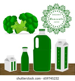 Illustration on theme set different types bottles with broccoli lemonade. Broccoli pattern consisting of collection bottles for organic beverage lemonade. Sweet broccoli is yummy lemonade in bottles.