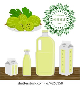 Illustration on theme set different types bottles with gooseberry lemonade. Gooseberry pattern consisting of collection bottles for organic lemonade. Sweet gooseberry is yummy lemonade in bottles.