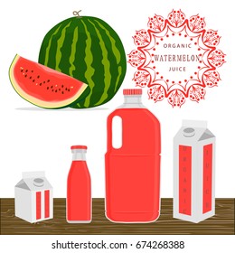 Illustration on theme set different types bottles with watermelon lemonade. Watermelon pattern consisting of collection bottles for organic lemonade. Sweet watermelon is yummy lemonade in bottles.