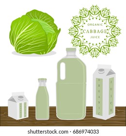 Illustration on theme set different types bottles with cabbage lemonade. Cabbage pattern consisting of collection bottles for organic beverage lemonade. Sweet cabbage is yummy lemonade in bottles.