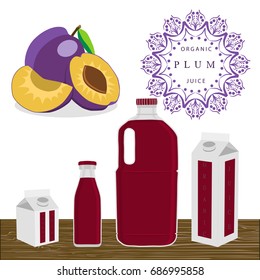Illustration on theme set different types bottles with plum lemonade. Plum pattern consisting of collection bottles for organic beverage lemonade. Sweet plum is yummy lemonade in bottles.