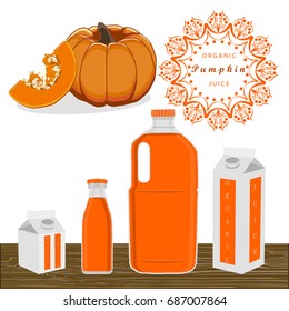 Illustration on theme set different types bottles with pumpkin lemonade. Pumpkin pattern consisting of collection bottles for organic beverage lemonade. Sweet pumpkin is yummy lemonade in bottles.