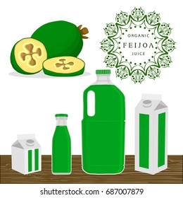 Illustration on theme set different types bottles with feijoa lemonade. Feijoa pattern consisting of collection bottles for organic beverage lemonade. Sweet feijoa is yummy lemonade in bottles.