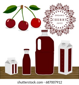 Illustration on theme set different types bottles with cherry lemonade. Cherry pattern consisting of collection bottles for organic beverage lemonade. Sweet cherry is yummy lemonade in bottles.