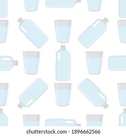Ilustración sobre el tema conjunto de tipos idénticos botellas de plástico para agua potable. Patrón de agua consistente en accesorios de cocina de recogida, botellas plásticas a alimentos orgánicos. Agua deliciosa en botellas de plástico.