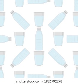Ilustración sobre el tema conjunto de tipos idénticos botellas de plástico para agua potable. Patrón de agua consistente en accesorios de cocina de recogida, botellas plásticas a alimentos orgánicos. Agua deliciosa en botellas de plástico.