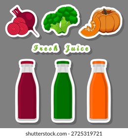 Ilustración sobre el tema del conjunto de botellas multicolores con sabroso jugo de remolacha, botellas de kit que consisten en jugo de remolacha natural líquido, jugo de remolacha en nuevas botellas vívidas para una fuerte salud e inmunidad
