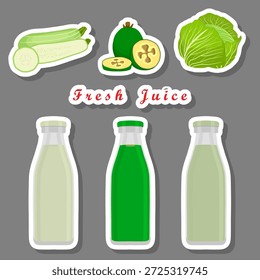 Ilustración sobre el tema del conjunto de botellas multicolores con sabroso jugo de calabacín, botellas de kit que consisten en jugo de calabacín natural líquido, jugo de calabacín en nuevas botellas vívidas para una fuerte salud e inmunidad