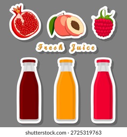 Ilustración sobre el tema del conjunto de botellas multicolores con sabroso jugo de granada, kit de botellas que consisten en jugo de granada natural líquido, jugo de granada en nuevas botellas vívidas para una salud fuerte