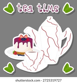 Ilustración sobre el tema conjunto de teakettle para el té sabroso con pastel de queso dulce postre, té en teakettle cerca de cheesecake accesorio en cocina, té salado fresco en teakettle hermoso con cheesecake