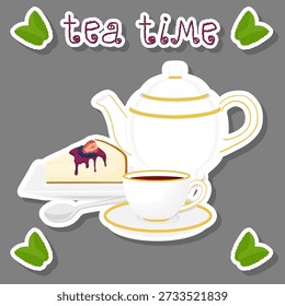 Ilustración sobre el tema conjunto de teakettle para el té sabroso con pastel de queso dulce postre, té en teakettle cerca de cheesecake accesorio en cocina, té salado fresco en teakettle hermoso con cheesecake