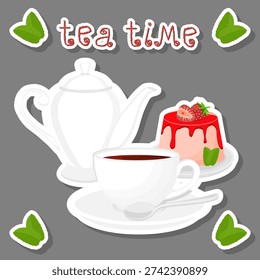 Illustration on theme set of teakettle for tasty tea with sweet dessert cheesecake, tea in teakettle near cheesecake it accessory on kitchen, fresh savory tea in beautiful teakettle with cheesecake