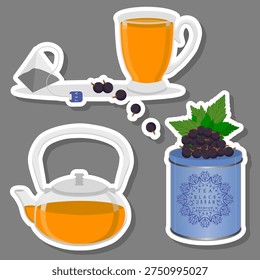 Illustration on theme set of teakettle for tasty tea with blackcurrant, tea in teakettle near blackcurrant it collection accessory on kitchen, fresh savory tea in beautiful teakettle with blackcurrant