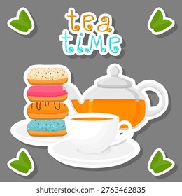 Illustration on theme set of teakettle for tasty tea with sweet dessert donut, tea in teakettle near donut it collection accessory on kitchen, fresh savory tea in beautiful teakettle with donut