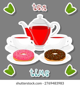 Illustration on theme set of teakettle for tasty tea with sweet dessert donut, tea in teakettle near donut it collection accessory on kitchen, fresh savory tea in beautiful teakettle with donut