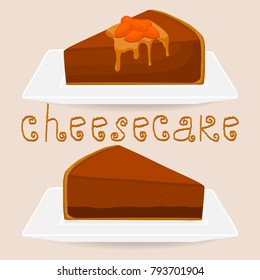 Illustration on theme for slice yellow almond pie, cheese cheesecake lies on plate. Cheesecake pattern consisting of cut almond pie, cheese sweet food. Eat tasty almond pie cheesecake from cheese.